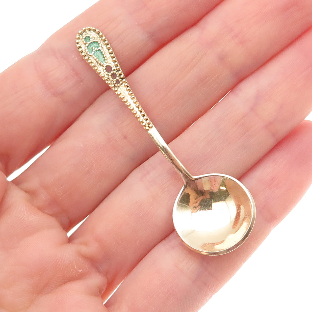 875 Silver Gold Plated Vintage European Enamel Salt & Spices Spoon