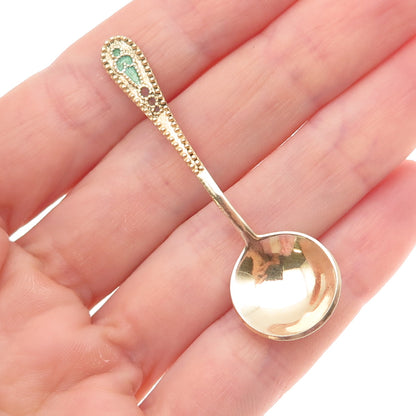 875 Silver Gold Plated Vintage European Enamel Salt & Spices Spoon