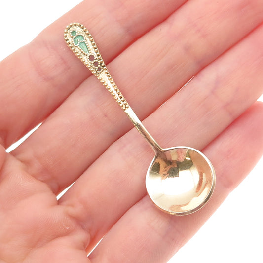 875 Silver Gold Plated Vintage European Enamel Salt & Spices Spoon