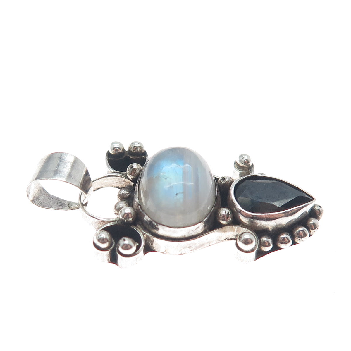 925 Sterling Silver Vintage Real Moonstone & Black Spinel Beaded Pendant