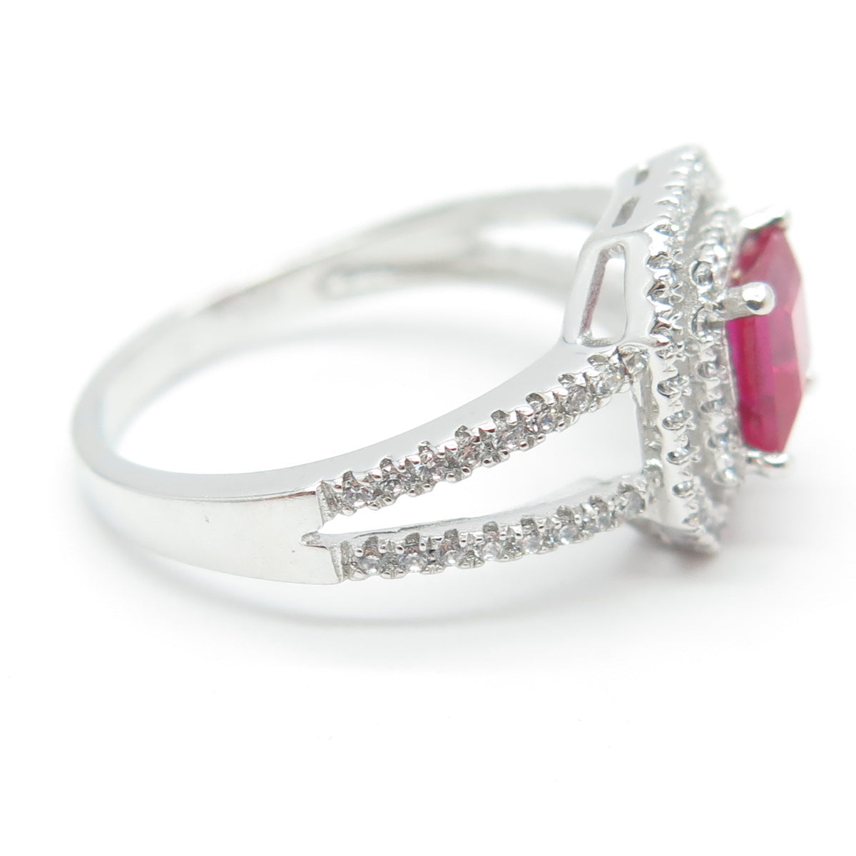 925 Sterling Silver Lab-Created Ruby & C Z Ring Size 9