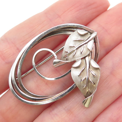 CURTIS 925 Sterling Silver Vintage Modernist Floral Leaf Oxidized Pin Brooch