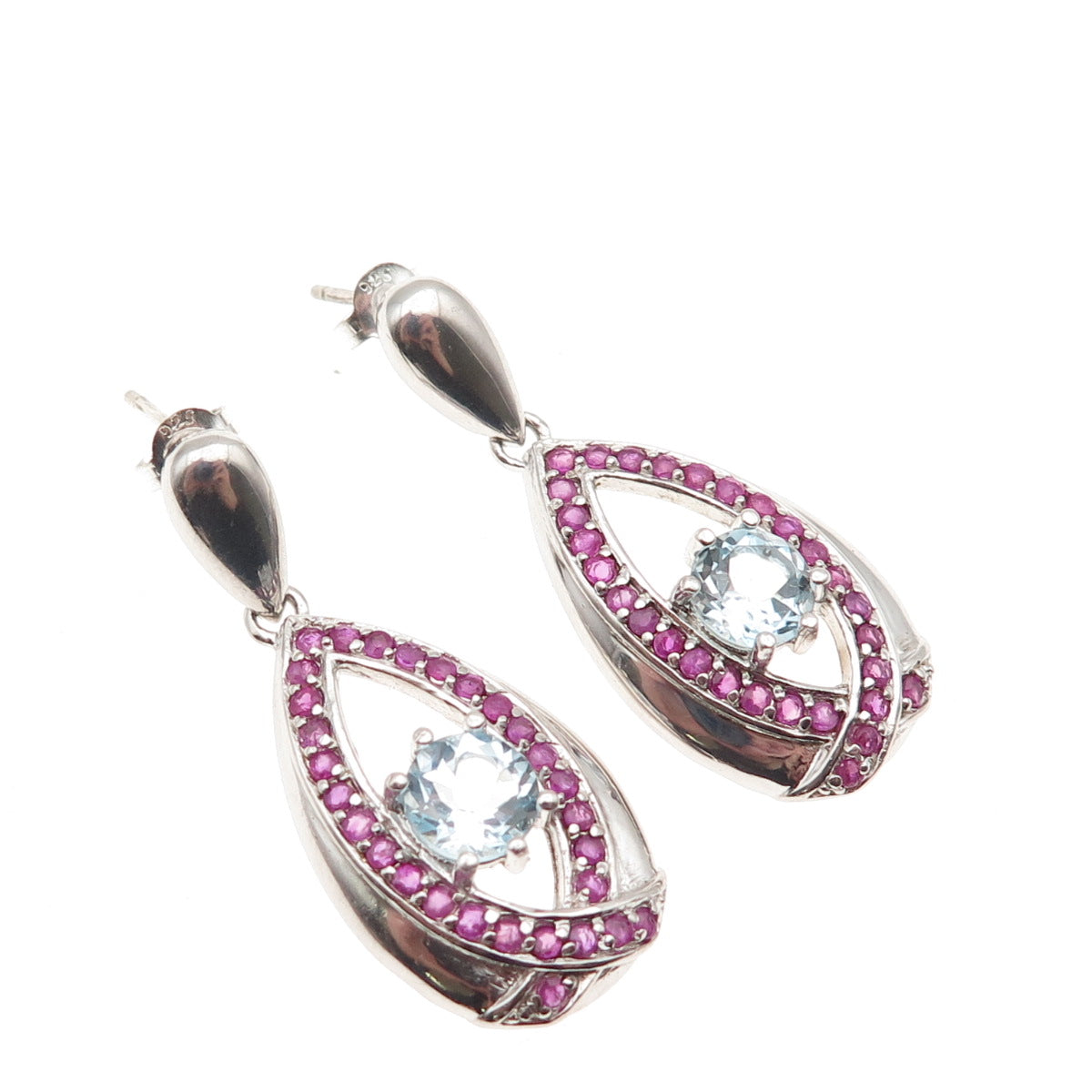 SX Sally C 925 Sterling Silver Real Blue Topaz & Ruby Teardrop Dangle Earrings