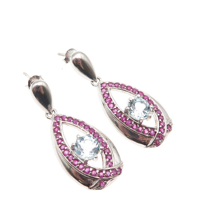 SX Sally C 925 Sterling Silver Real Blue Topaz & Ruby Teardrop Dangle Earrings