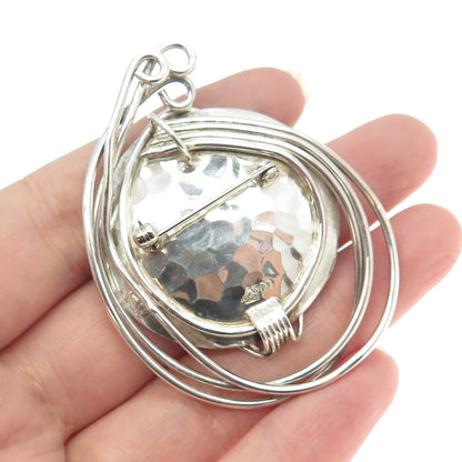 LODA 925 Sterling Silver Vintage Real Pearl Hammered Spiral Pin Brooch Pendant