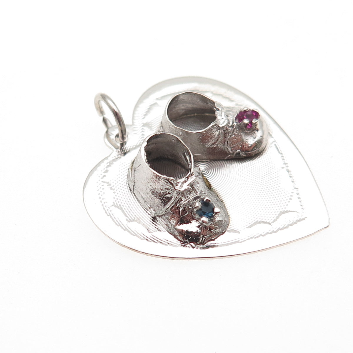 925 Sterling Silver Vintage Rhinestone Baby Shoes Heart Charm Pendant