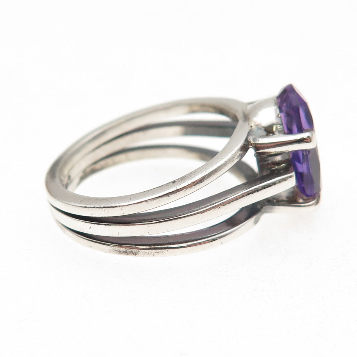 925 Sterling Silver Vintage Real Amethyst Modernist Oxidized Ring Size 9.5