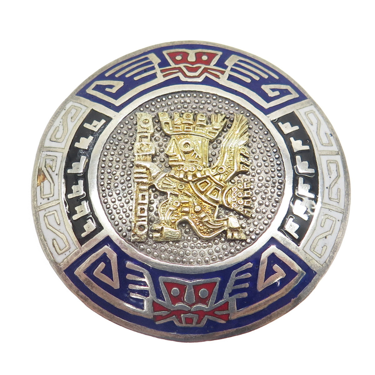 925 Sterling Silver & 18K Gold Vintage Peru Enamel Inca Deity Pin Pendant