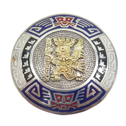 925 Sterling Silver & 18K Gold Vintage Peru Enamel Inca Deity Pin Pendant