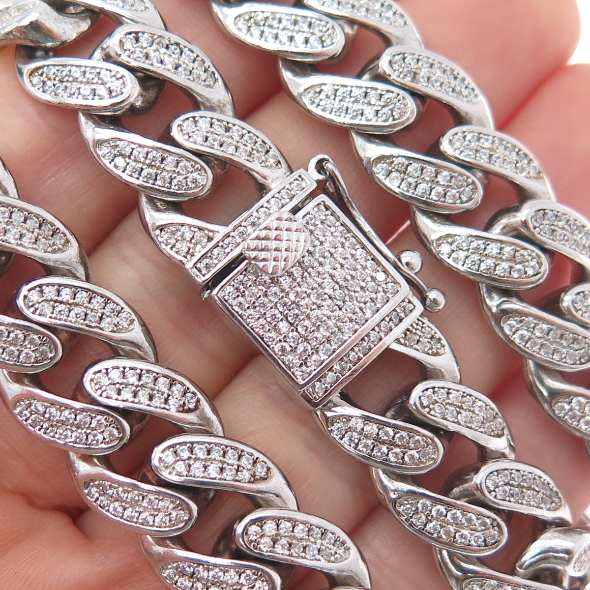 925 Sterling Silver REL Round-Cut C Z Heavy 155.8g Cuban Chain Necklace 22"