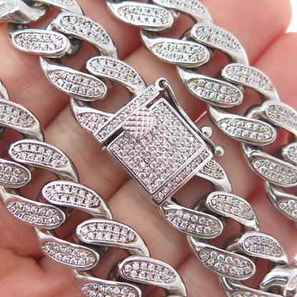 925 Sterling Silver REL Round-Cut C Z Heavy 155.8g Cuban Chain Necklace 22"