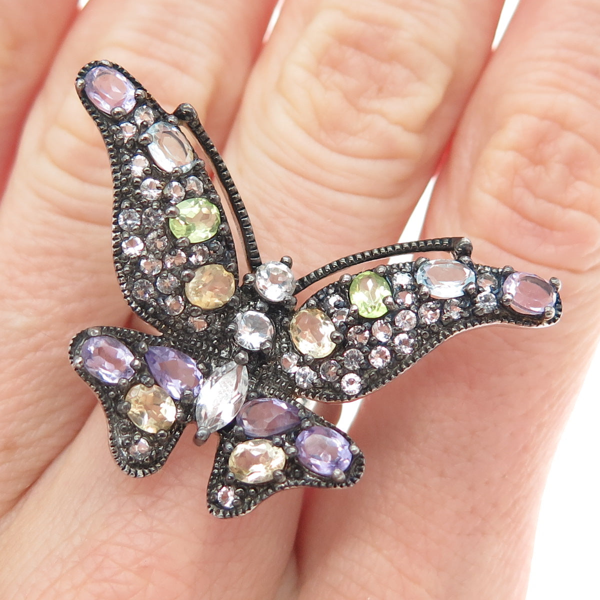 925 Sterling Silver Black Rhodium Real Multi-Color Gem Butterfly Ring Size 6.25