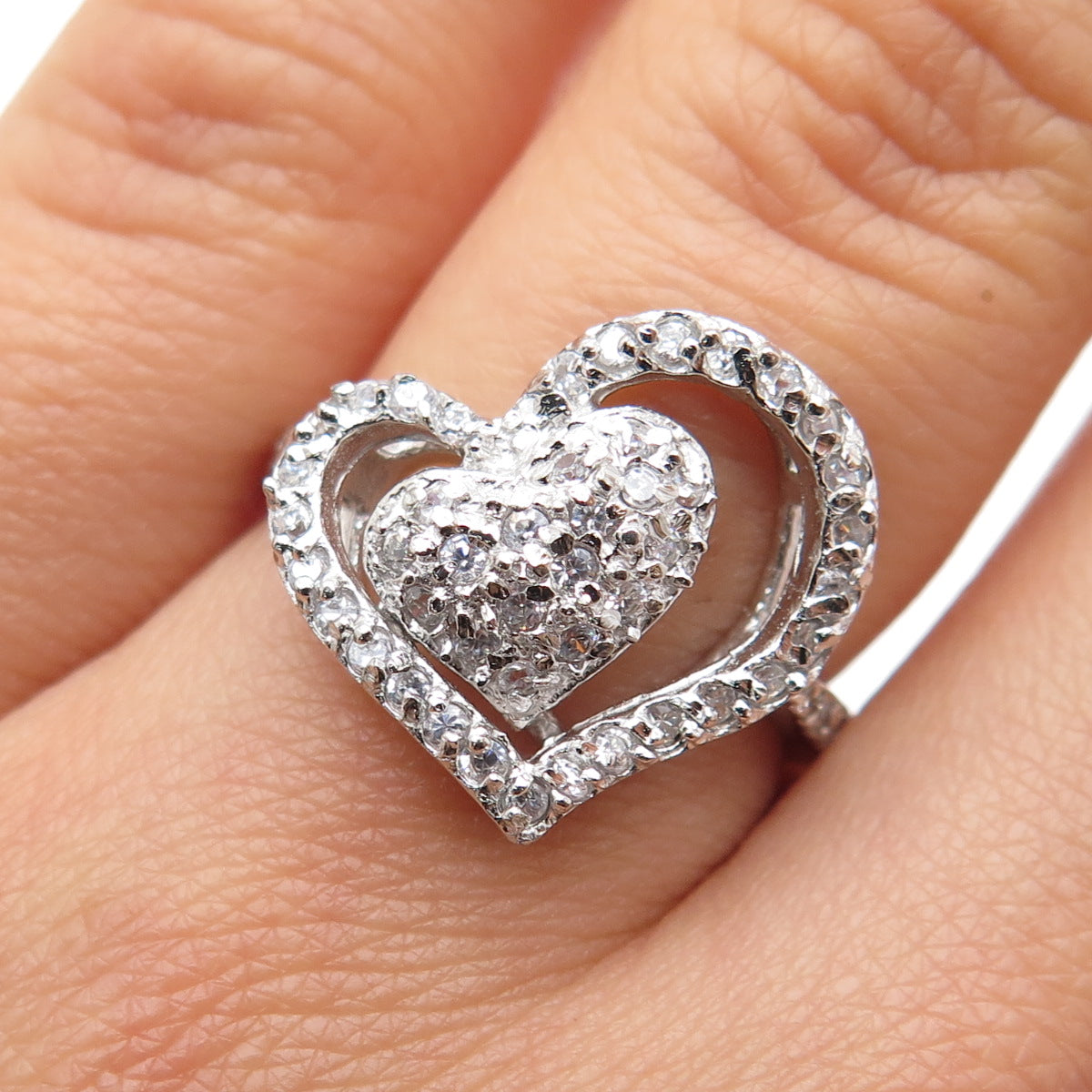 925 Sterling Silver Round-Cut C Z Heart Ring Size 7