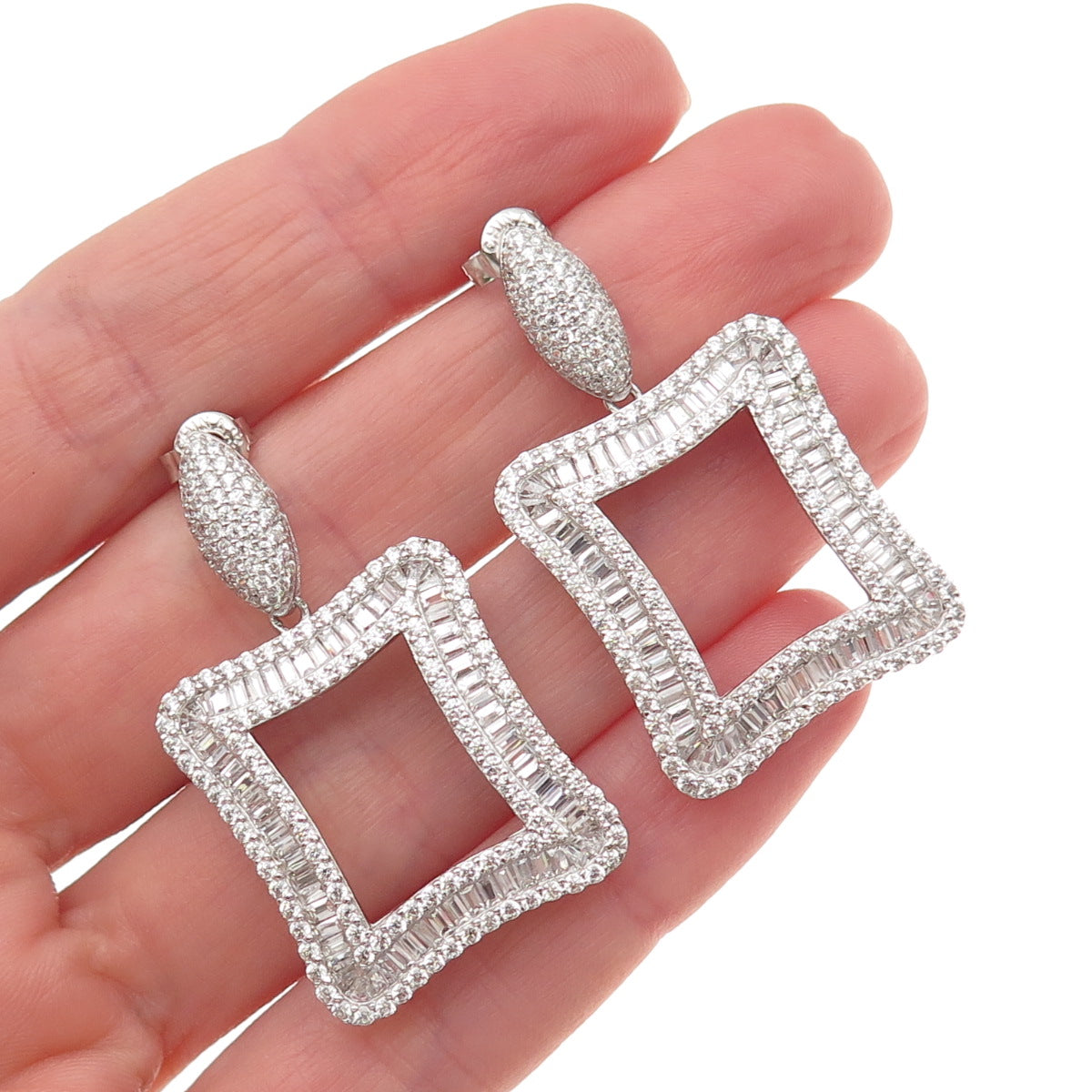 925 Sterling Silver Tapered Baguette & Round-Cut C Z Dangle Earrings