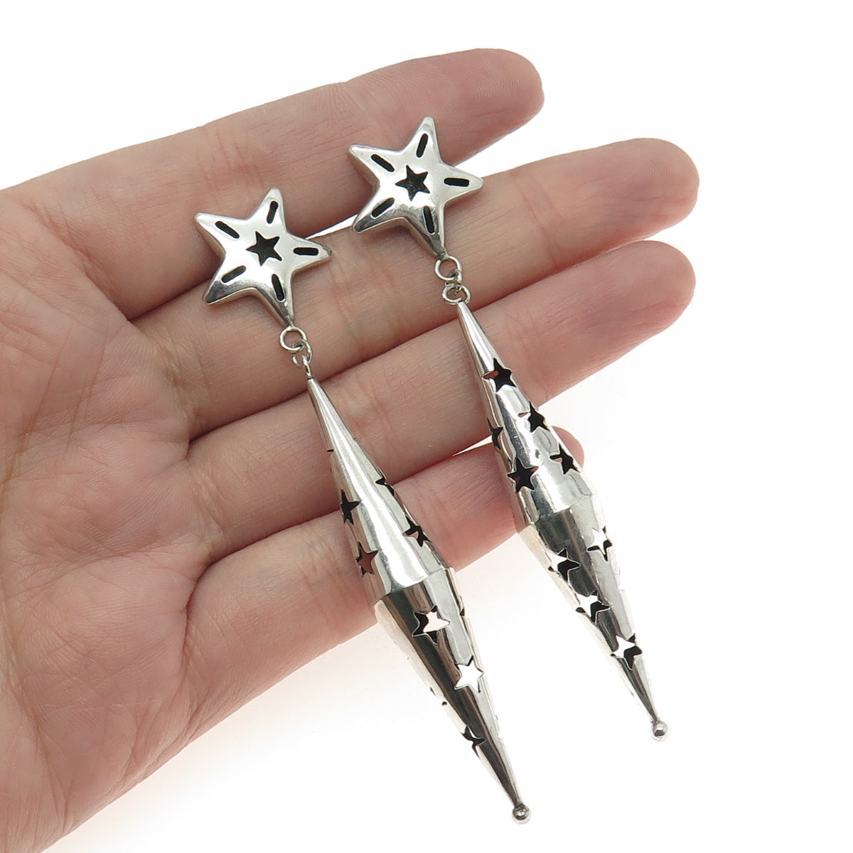 925 Sterling Silver Vintage Modernist Shadow Box Star Dangle Earrings