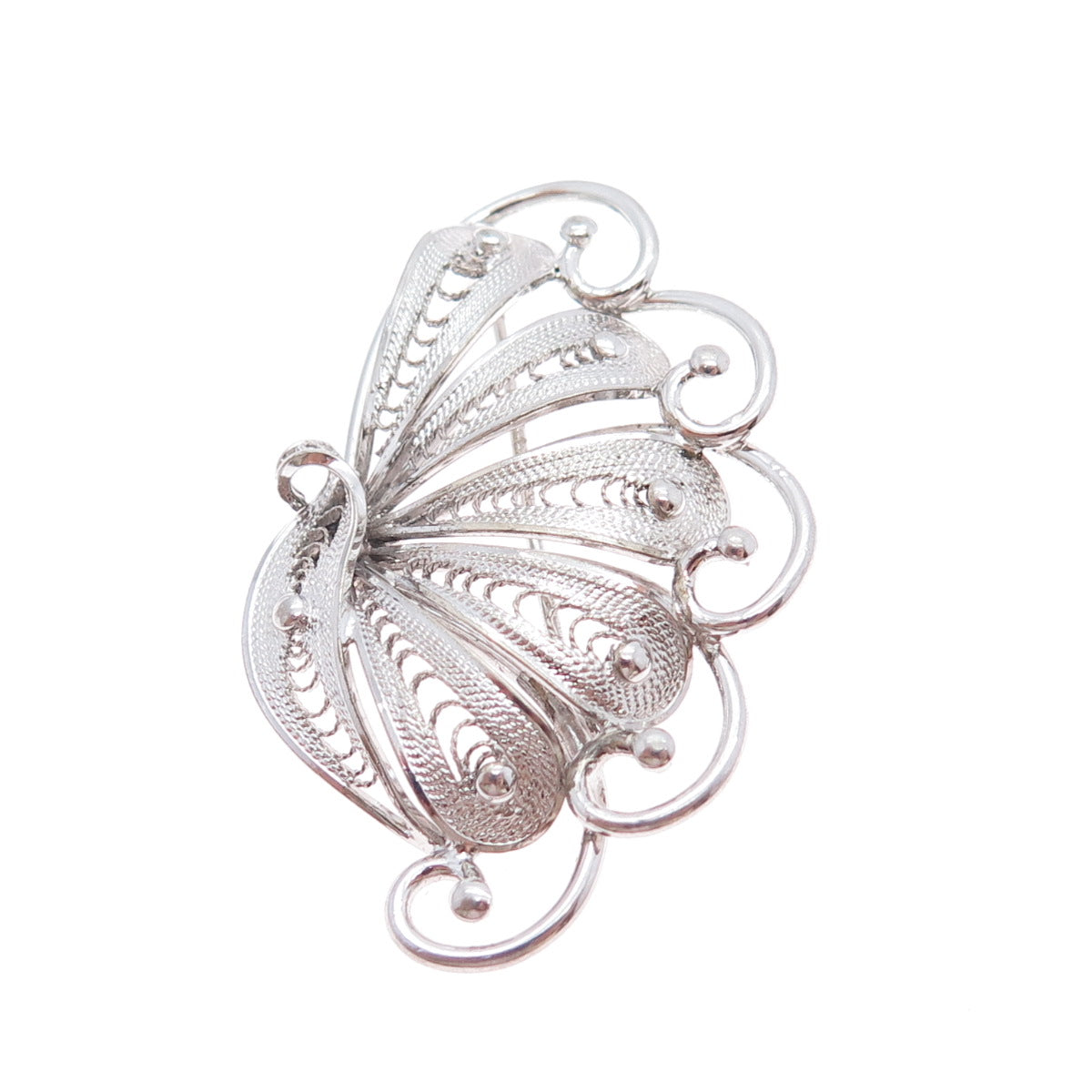 925 Sterling Silver Vintage Modernist Fan Filigree Pin Brooch