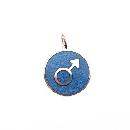 925 Sterling Silver Blue Enamel Male Symbol Round Tag Mini Charm Pendant