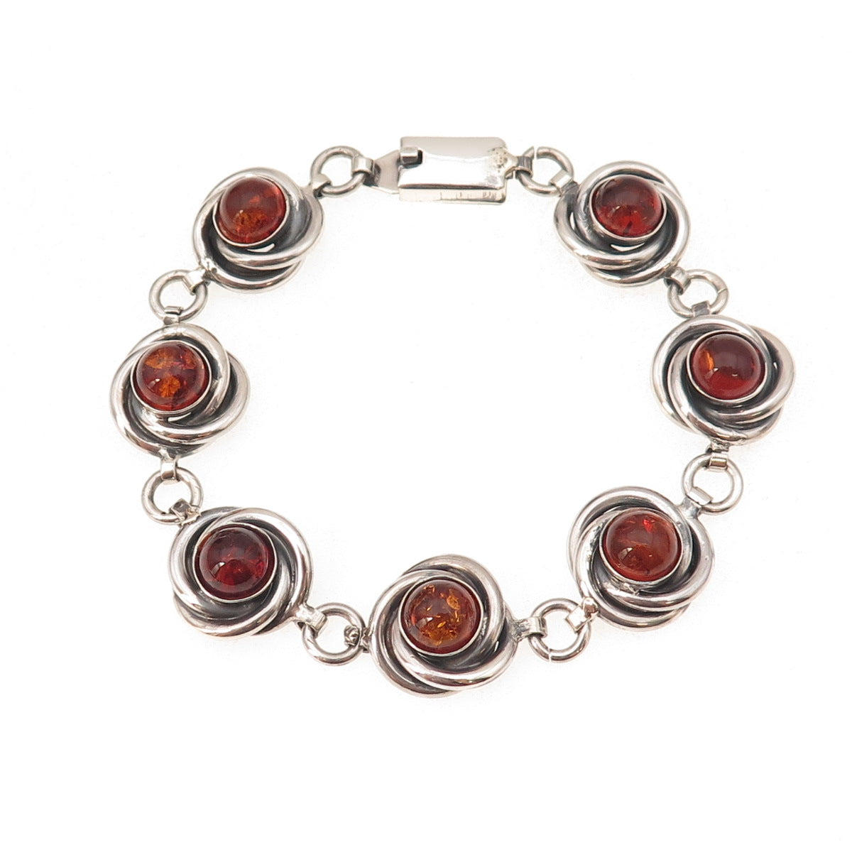 925 Sterling Silver Vintage Mexico Real Amber Trinity Link Bracelet 7.5"