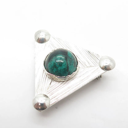 925 Sterling Silver Vintage Real Cabochon Chrysocolla Gem Triangle Pin Brooch