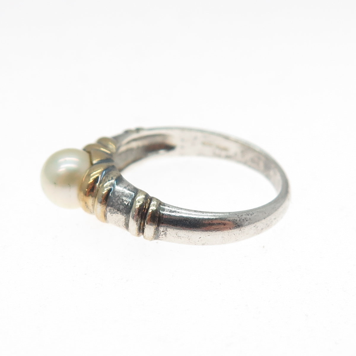 CNA PRANDA 925 Sterling Silver 2-Tone Vintage Real Pearl Oxidized Ring Size 6
