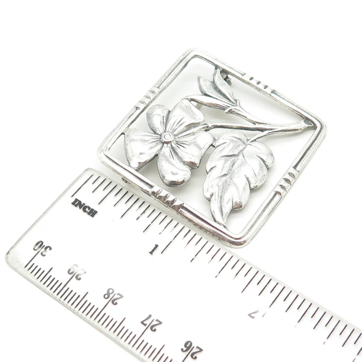 925 Sterling Silver Vintage Floral Blossom Square Pin Brooch