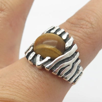 925 Sterling Silver Vintage Real Tiger Eye Gem Striped Ring Size 8.25