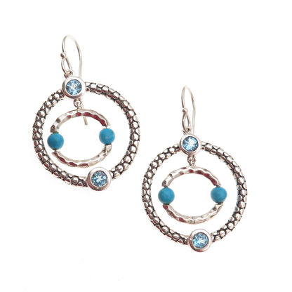 Michael Dawkins 925 Sterling Silver Real Turquoise & Blue Topaz Dangle Earrings