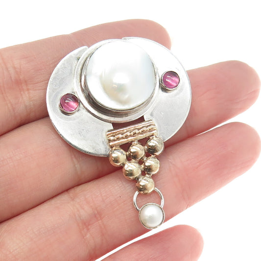 SIWEN Sterling Silver 2-Tone Vintage Real Blister Pearl & Tourmaline Pin Pendant