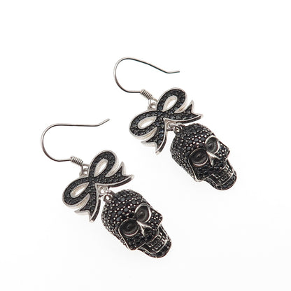 925 Sterling Silver Real Round-Cut Black Spinel Skull & Bow Dangle Earrings