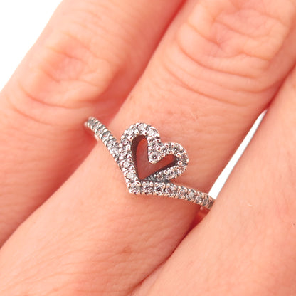 Pandora 925 Sterling Silver C Z Sparkling Wishbone Heart Ring Size 4.5