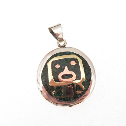 925 Sterling 3-Tone Vintage Real Turquoise Inlay Aztec Animal Charm Pendant