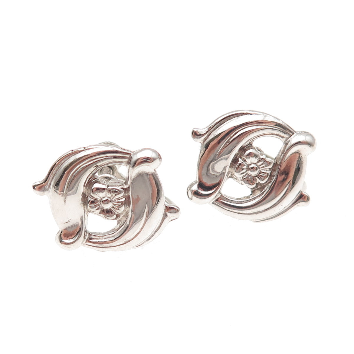925 Sterling Silver Vintage Floral Screw Back Earrings