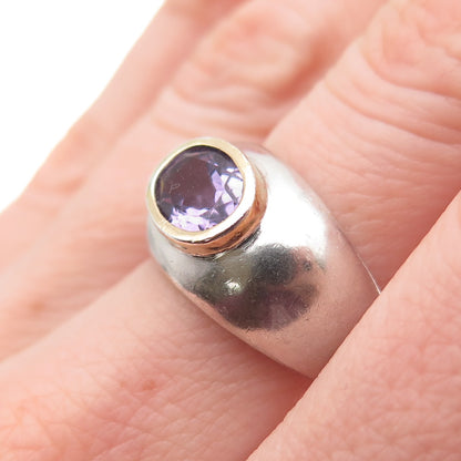 925 Sterling Silver 2-Tone Vintage Real Amethyst Modernist Ring Size 6.5