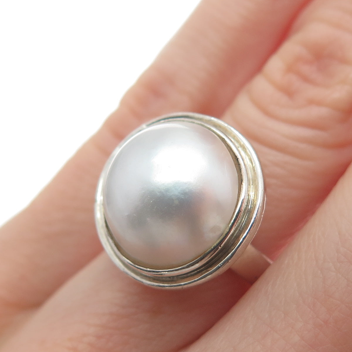 925 Sterling Silver Vintage Real Pearl Oxidized Ring Size 5.25