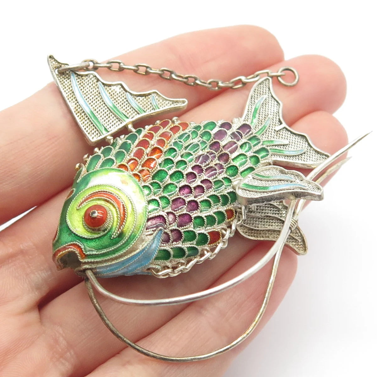 925 Sterling Silver Antique Enamel Chinese Koi Fish Articulated Chatelaine Fob