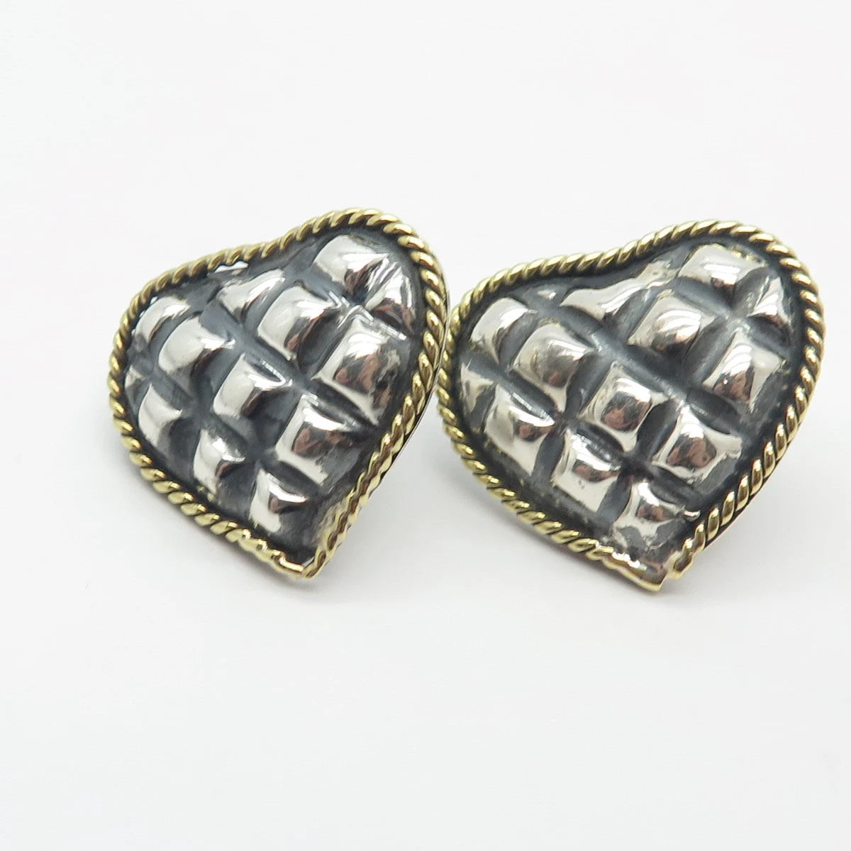 925 Sterling Silver 2-Tone Vintage Mexico Laton Heart Earrings