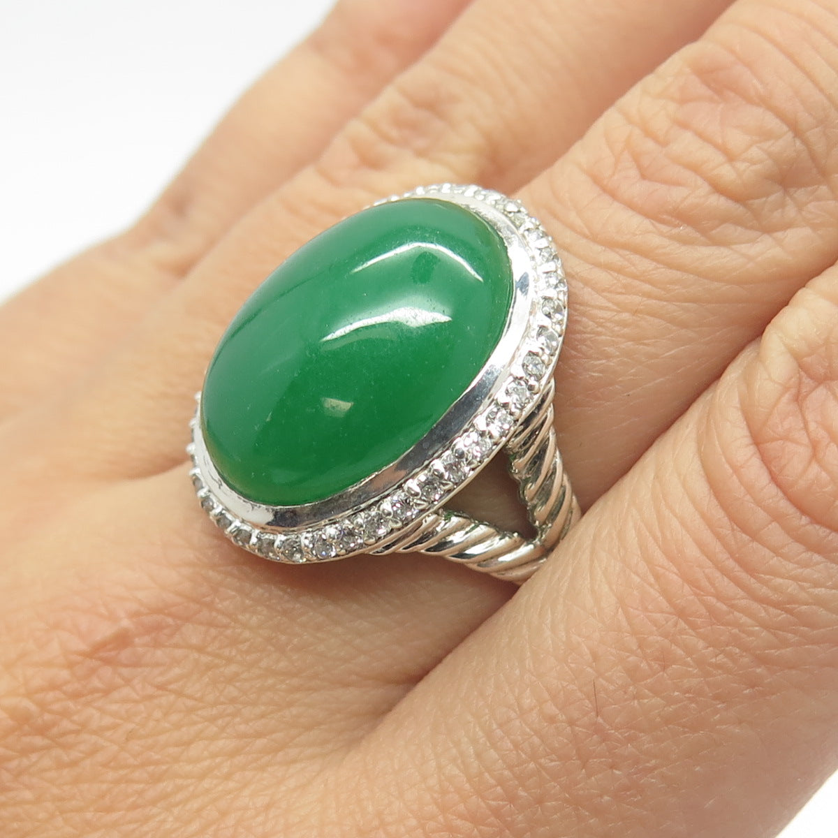 925 Sterling Silver Real Jade & White C Z Ring Size 8.25