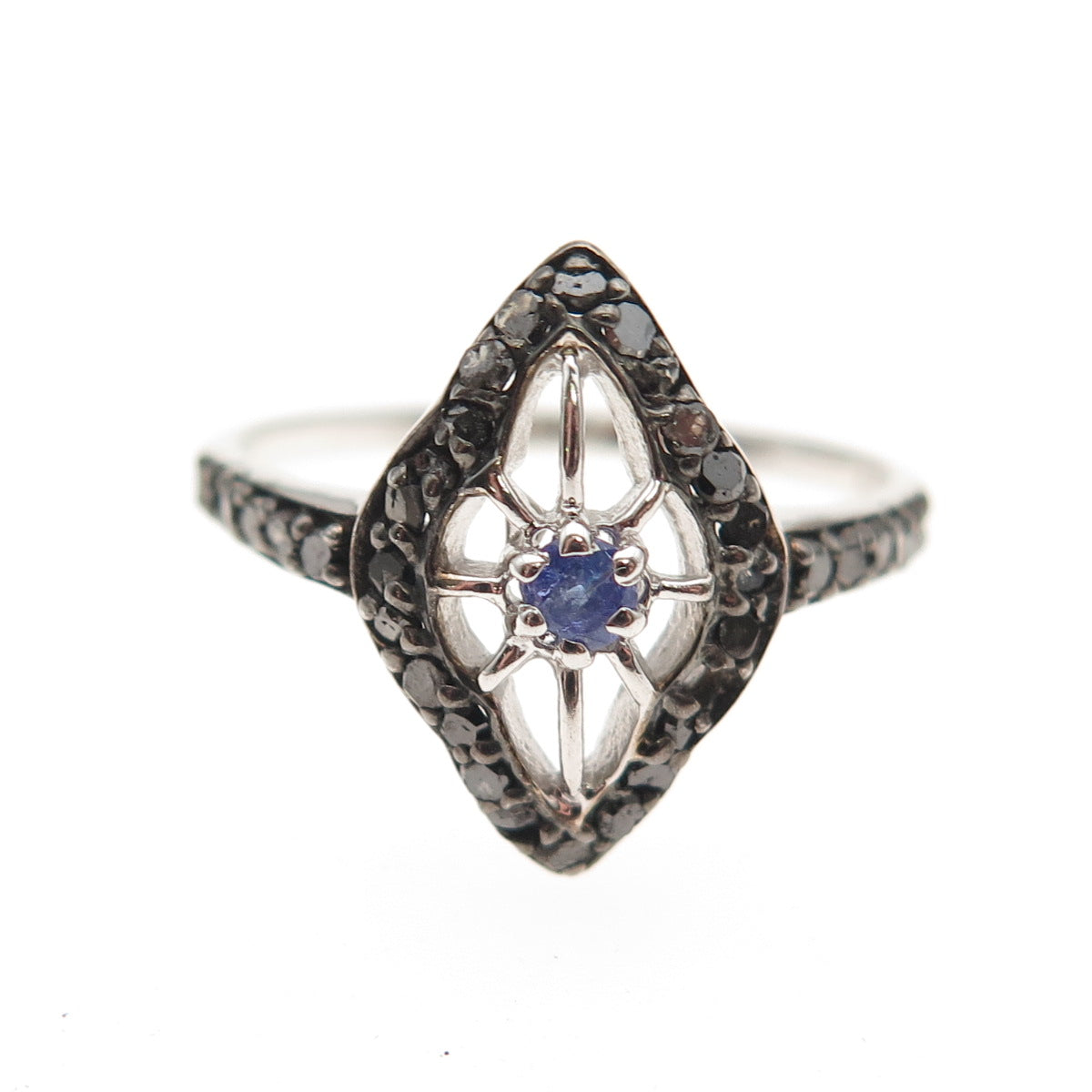 925 Sterling Silver Real Black Diamond & Tanzanite Ring Size 7.75