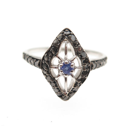 925 Sterling Silver Real Black Diamond & Tanzanite Ring Size 7.75