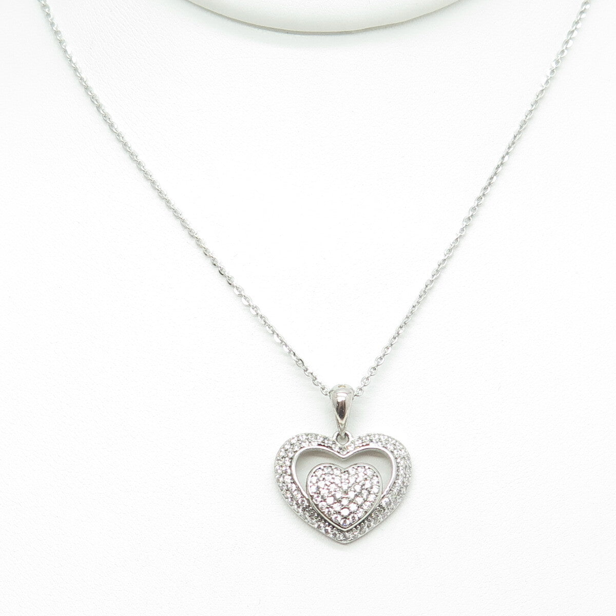 925 Sterling Silver Round-Cut C Z Double Heart Cable Chain Necklace 16"