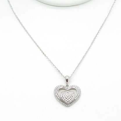 925 Sterling Silver Round-Cut C Z Double Heart Cable Chain Necklace 16"