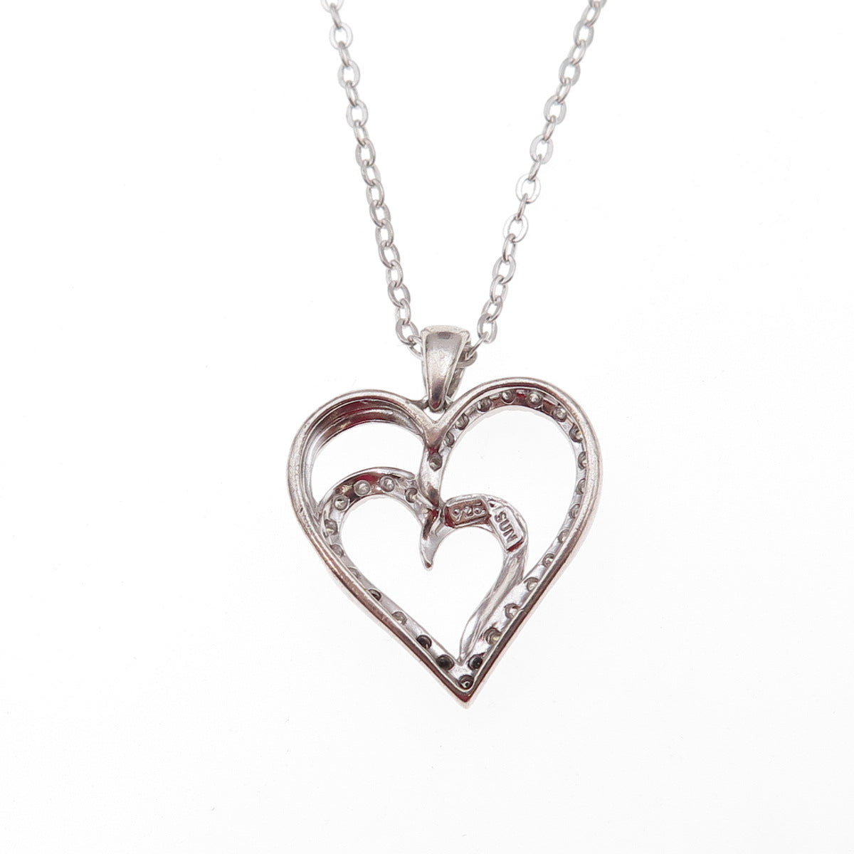 Sun 925 Sterling Silver Real Round-Cut Diamond Double Heart Chain Necklace 18"