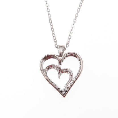 Sun 925 Sterling Silver Real Round-Cut Diamond Double Heart Chain Necklace 18"