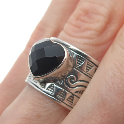 925 Sterling Silver Vintage Real Black Spinel Tribal Adjustable Ring Size 8.75