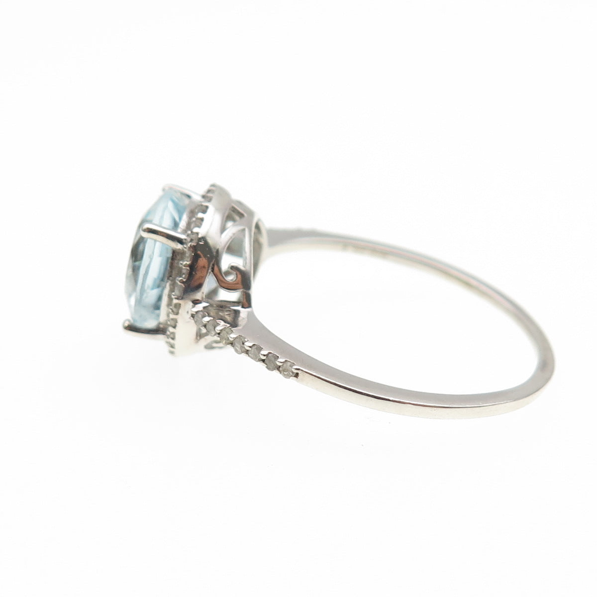 925 Sterling Silver Real Diamond Approx. 0.35ct & Aquamarine Gem Ring Size 12