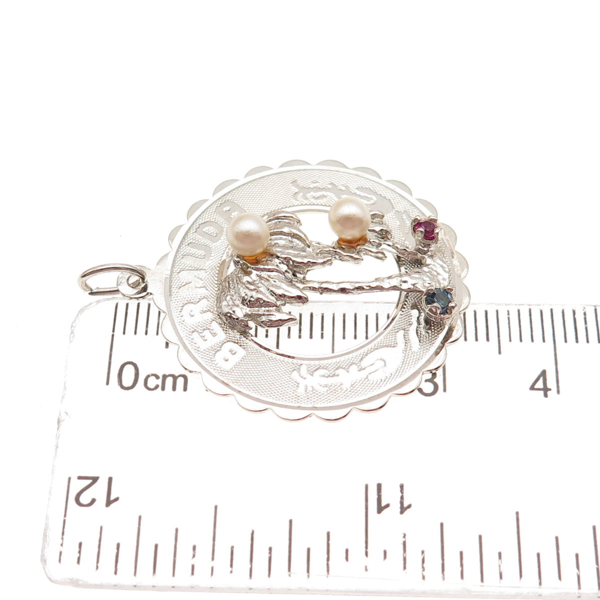 CREA 925 Sterling Silver Vintage Rhinestone Real Pearl Bermuda Charm Pendant