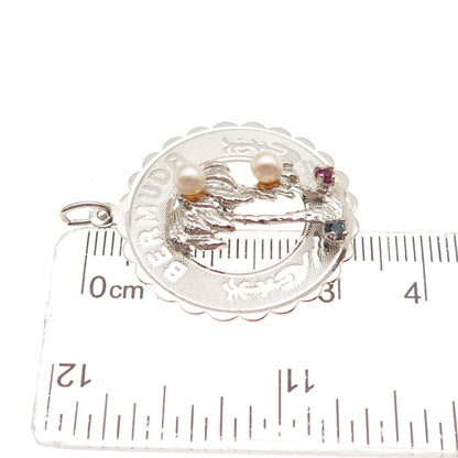 CREA 925 Sterling Silver Vintage Rhinestone Real Pearl Bermuda Charm Pendant