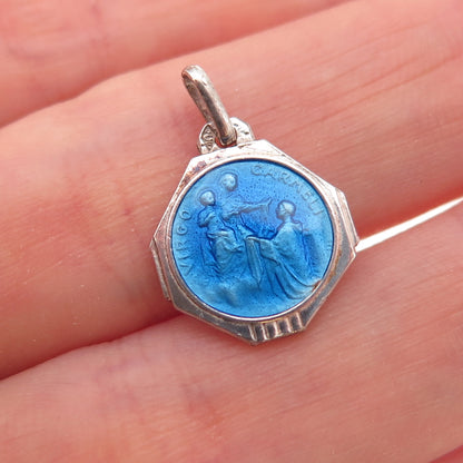 925 Sterling Antique Art Deco France Enamel Our Lady of Mount Carmel Pendant