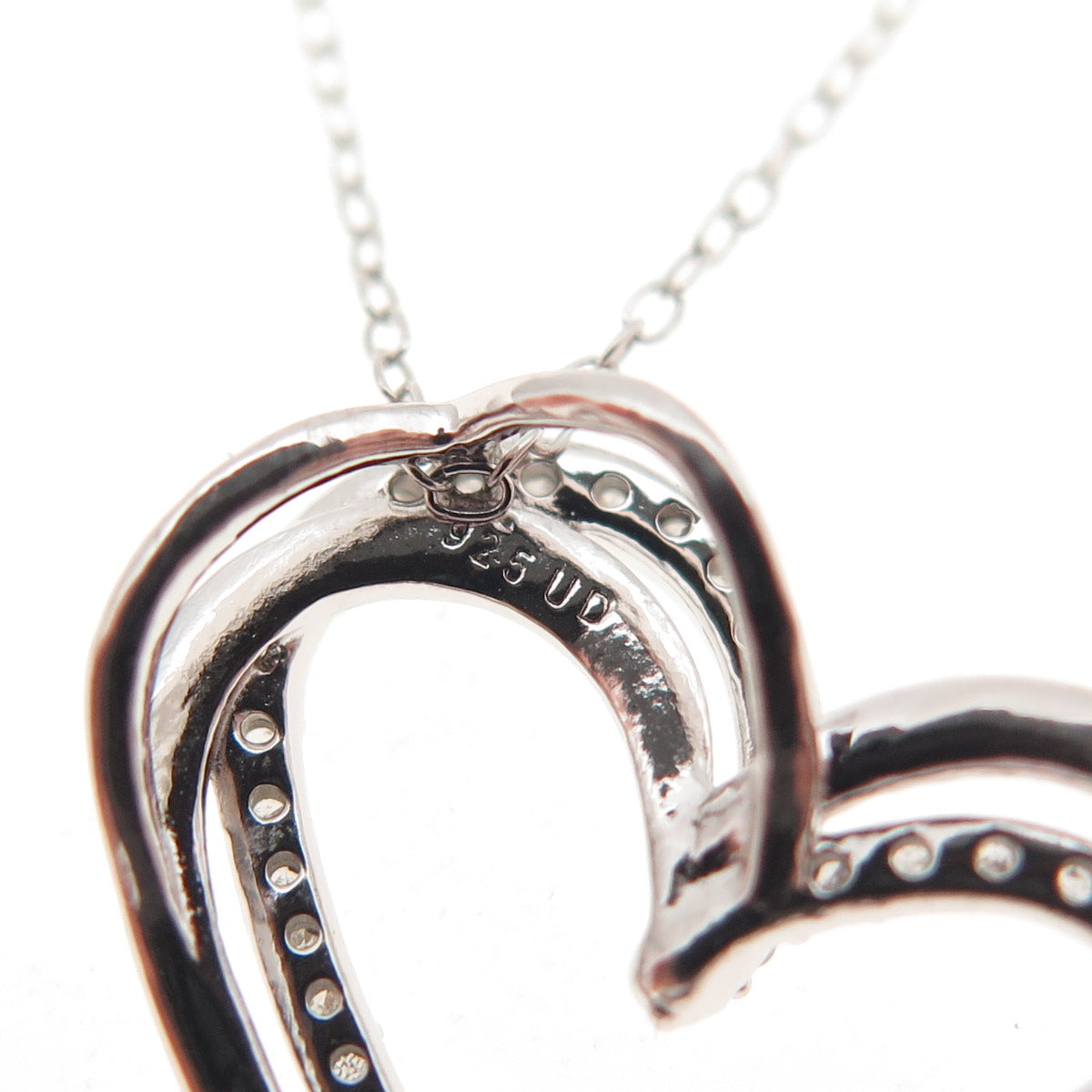 925 Sterling Silver Real Round-Cut Diamond Heart Cable Chain Necklace 20"