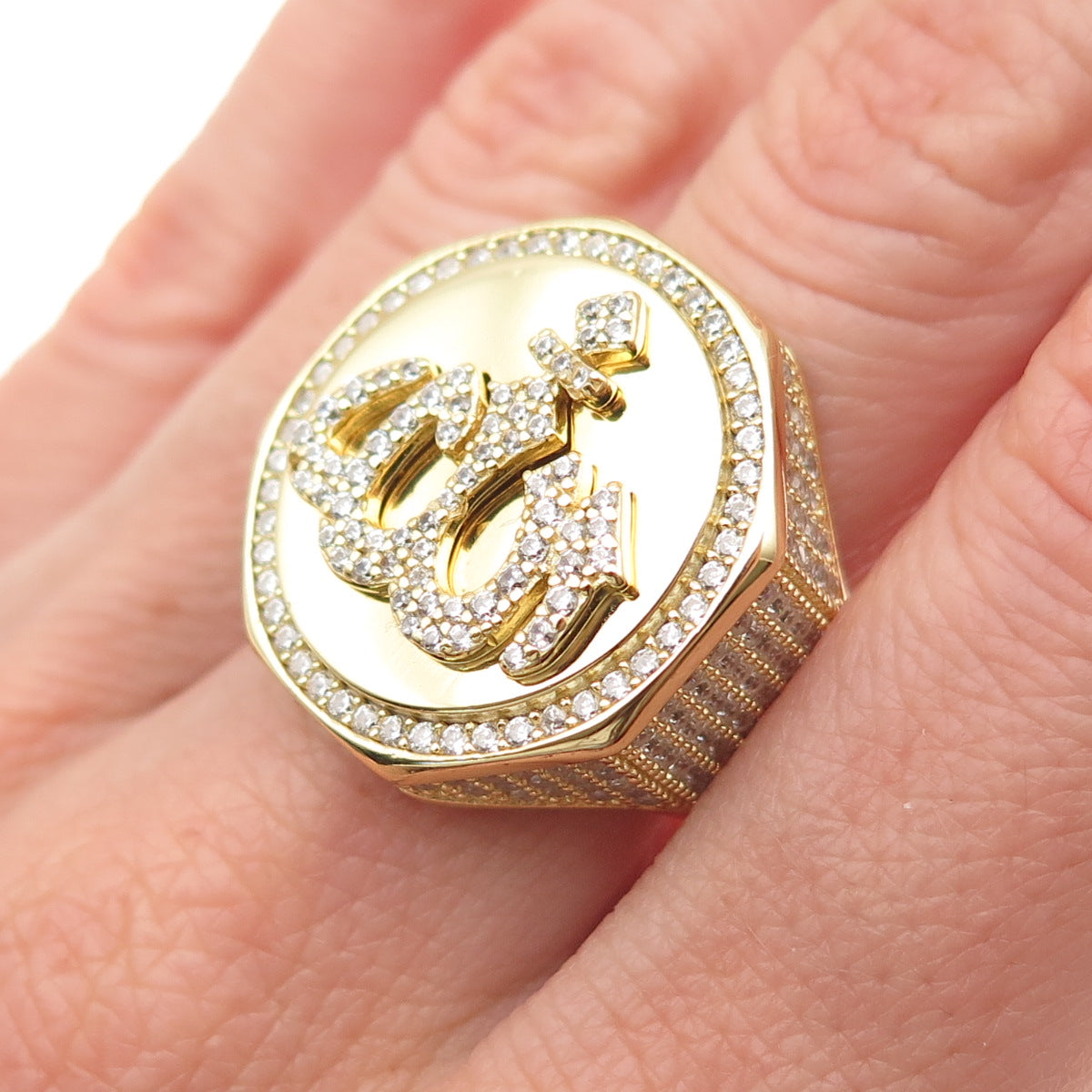 925 Sterling Silver Gold Plated Round-Cut C Z Allah Signet Ring Size 8.25